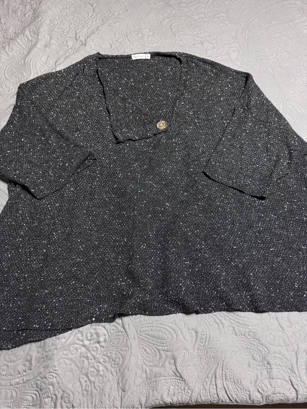 Relaxed Speckled Black Knit Button-Neck Sweater